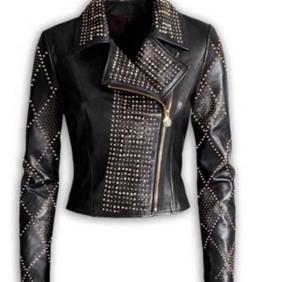 Versace Woman Silver Golden Studded Brando Style Leather Jacket