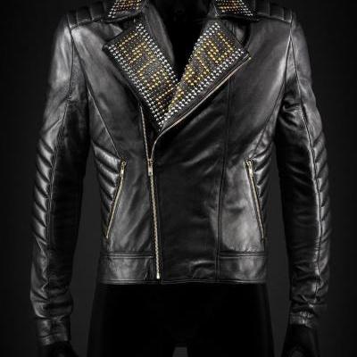 Handmade Men's Versace H&M Gold Silver Studs Black Real Leather Jacket