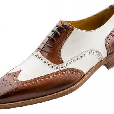 Handcrafted Men's Oxford Burnished Brogue Toe Wingtip Brown White Contrast Leather Lace up Shoes