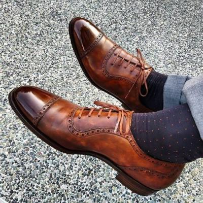 Oxford Cap Toe Casual Genuine Leather Shoes with Brown Lace up for Men's
