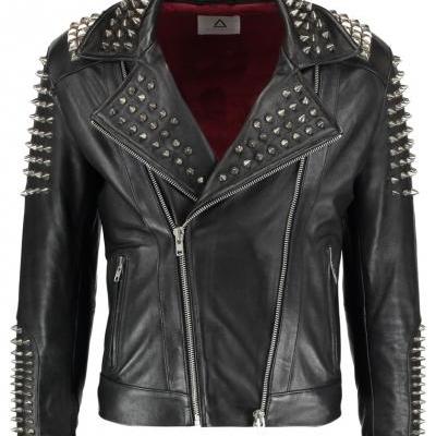  Stylish Black Color Elegant Leather Jacket with Silver Spike & Studs for Men 