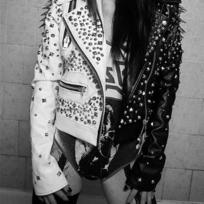  Women Two Tone Black White Genuine Leather Jacket With Long Spike Silver Studs 