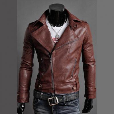 Brown Men Genuine Leather Brando Zipper Shoulder Epaulets Belted Buckle Fashionable Jacket