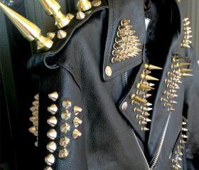 Customized Men Black Genuine Elegant Leather Jacket Long Golden Spiked ...