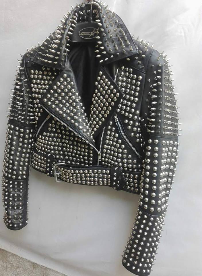 Women's Silver Punks Full Studded Black Color Leather Jacket on Luulla