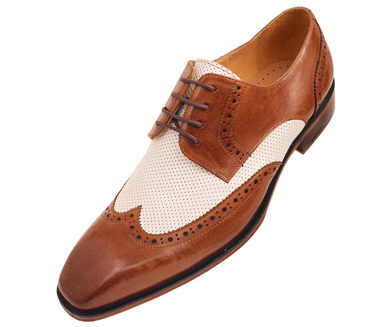 Made To Order Men's Pointed Plain Toe Brown White Perforated Genuine ...