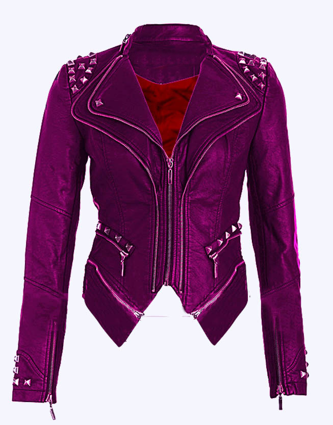 Women Purple Color Stylish Genuine Leather Jacket Silver Studded Hand