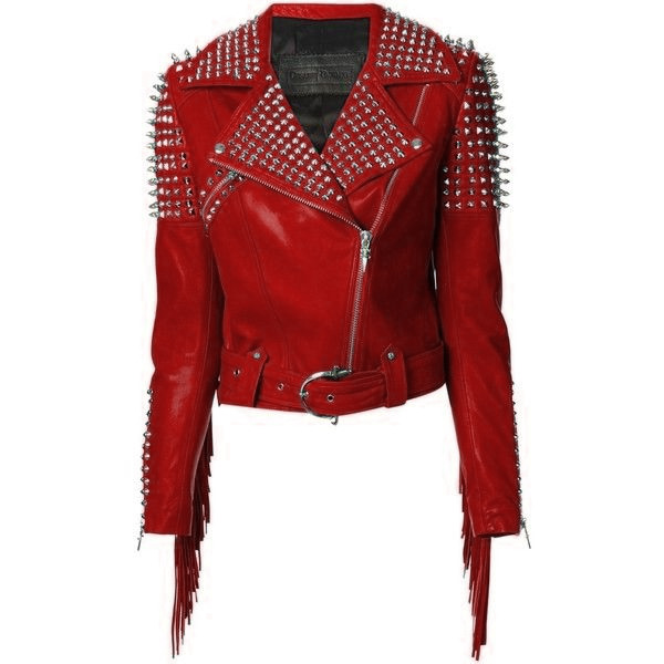 Women Red Classical Genuine Leather Jacket Spiked Silver Studded ...