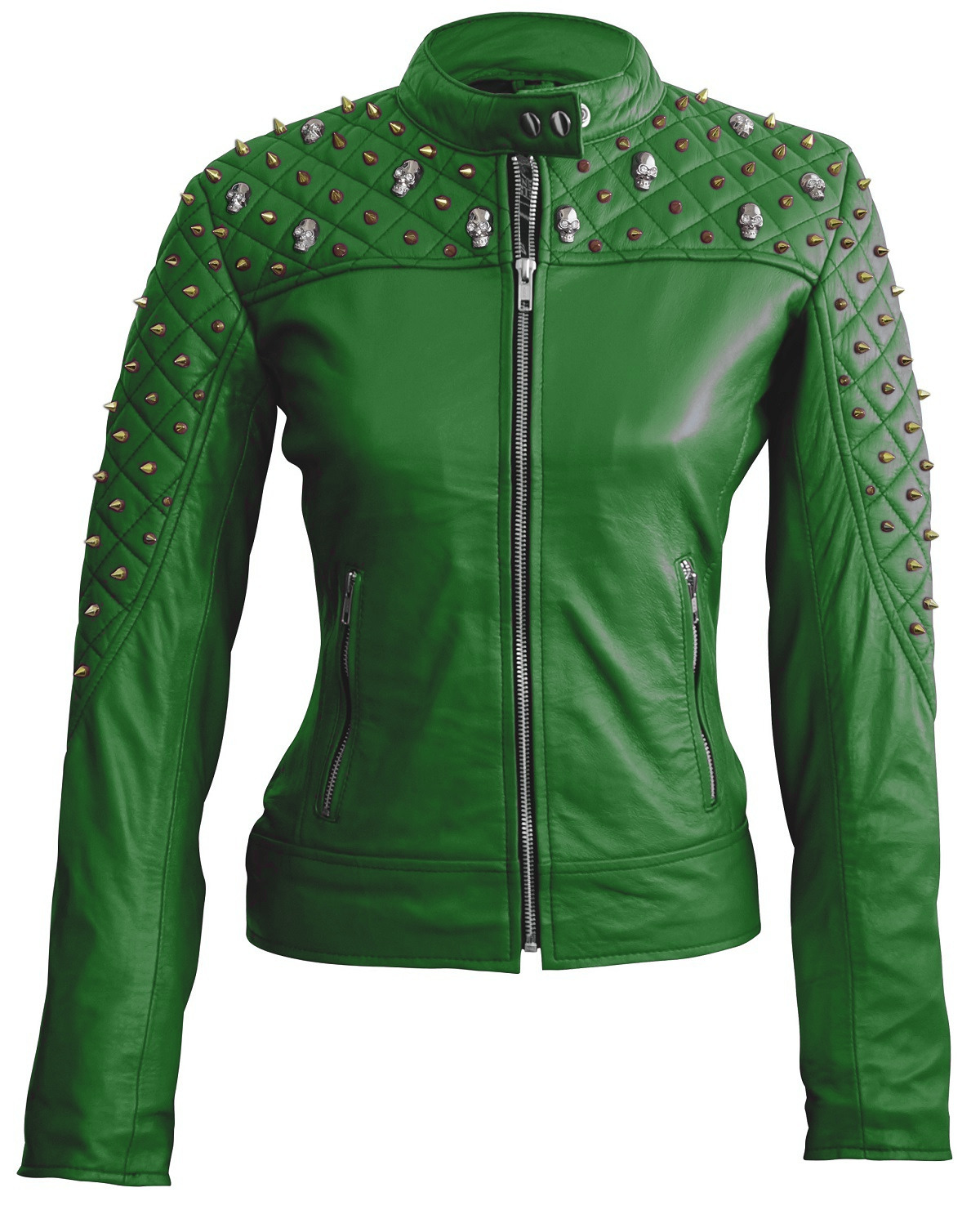 Green Color Genuine Biker Leather Jacket Silver & Golden Studded For ...