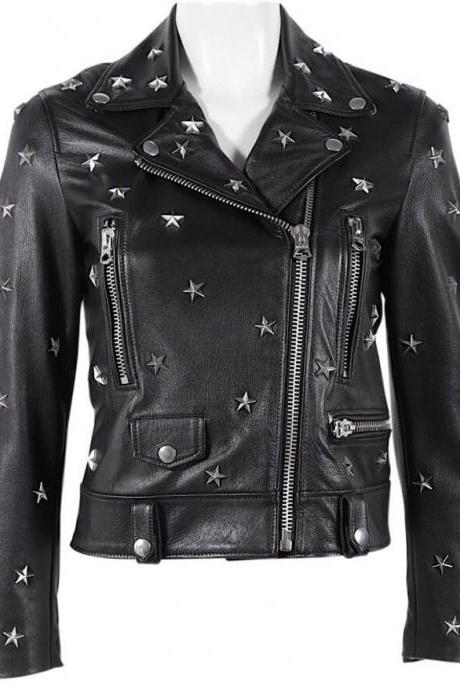 New Woman Black Studded Eyelet Moto Biker Leather Jacket XS TO 6XL
