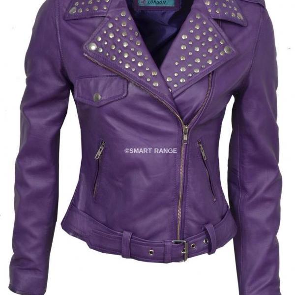 Purple Color Biker Genuine Leather Jacket Silver Studded Brando Style ...