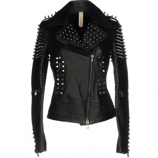 Women Black Genuine Stylish Leather Jacket Spiked Silver Studded Punk ...
