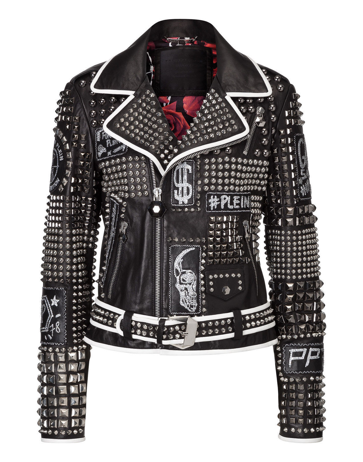 Handmade Woman Philip Plein Black Studded Patches White Lining Leather ...
