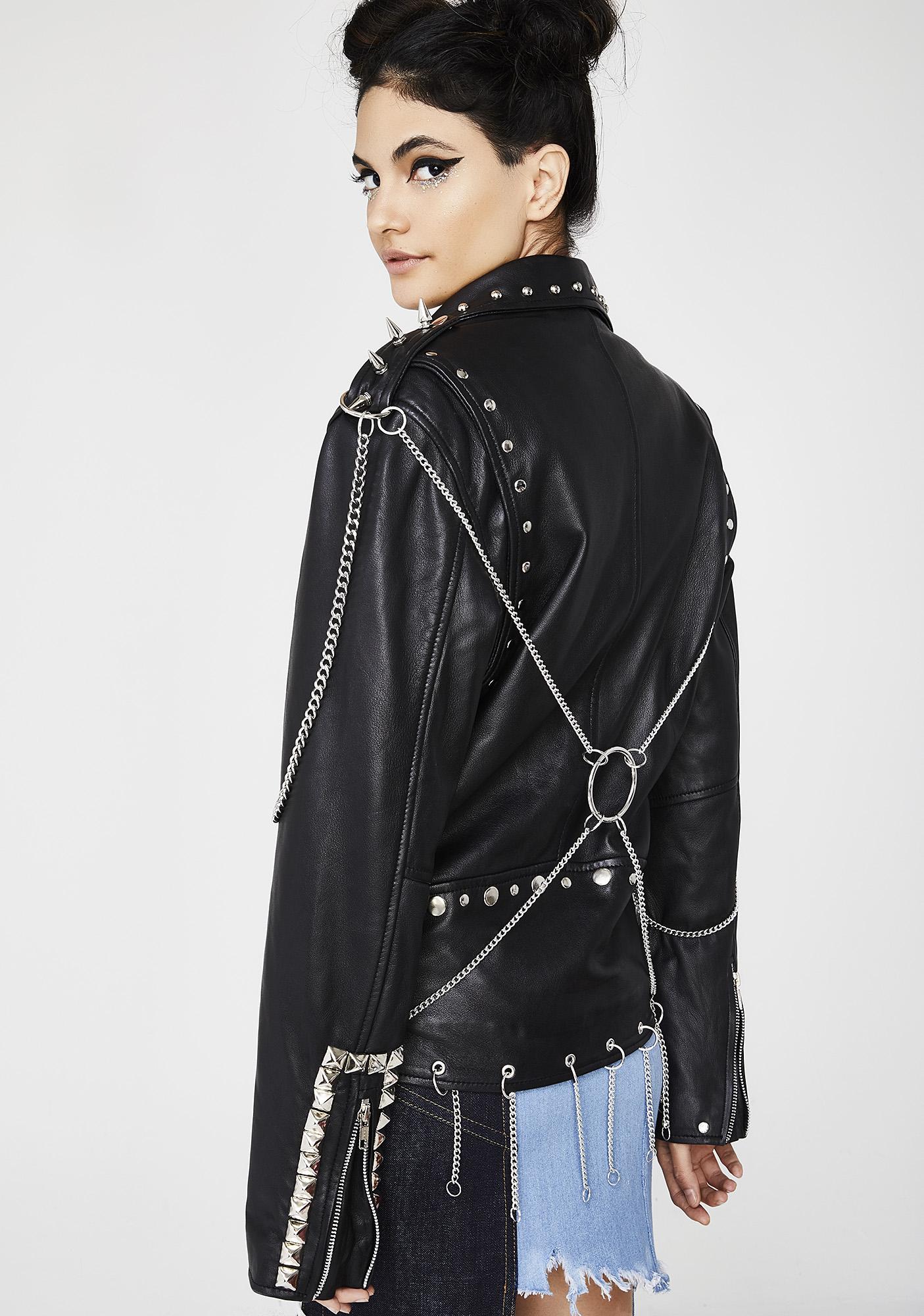 Women Black Genuine Leather Jacket Long Spiked Silver Studded & Chains ...