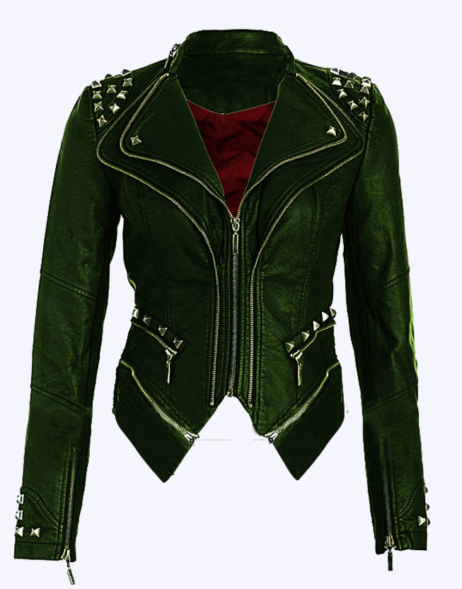 Women Green Color Stylish Genuine Leather Jacket Silver Studded Hand ...