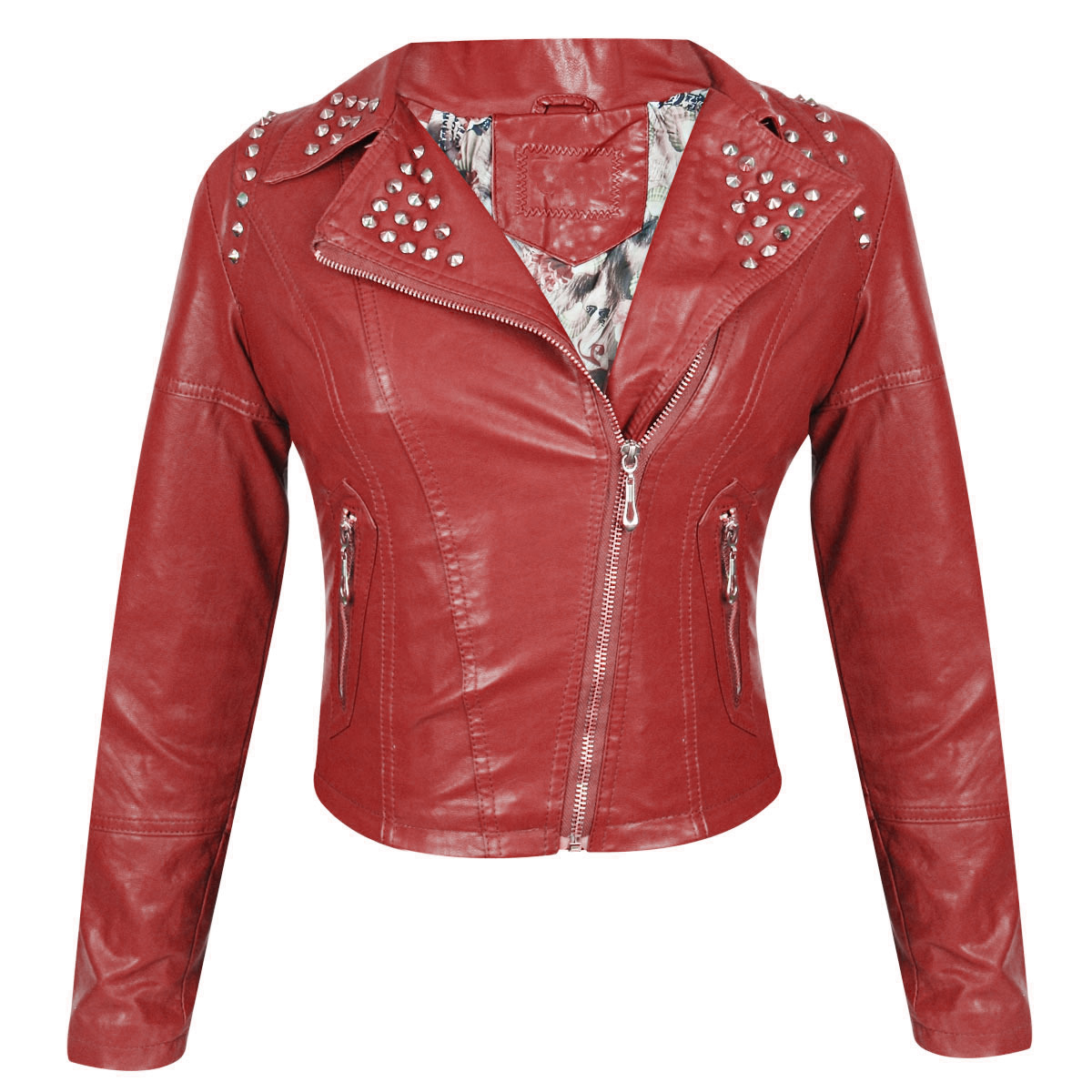Red Color Genuine Biker Leather Jacket Silver Studded Slim Fit For ...